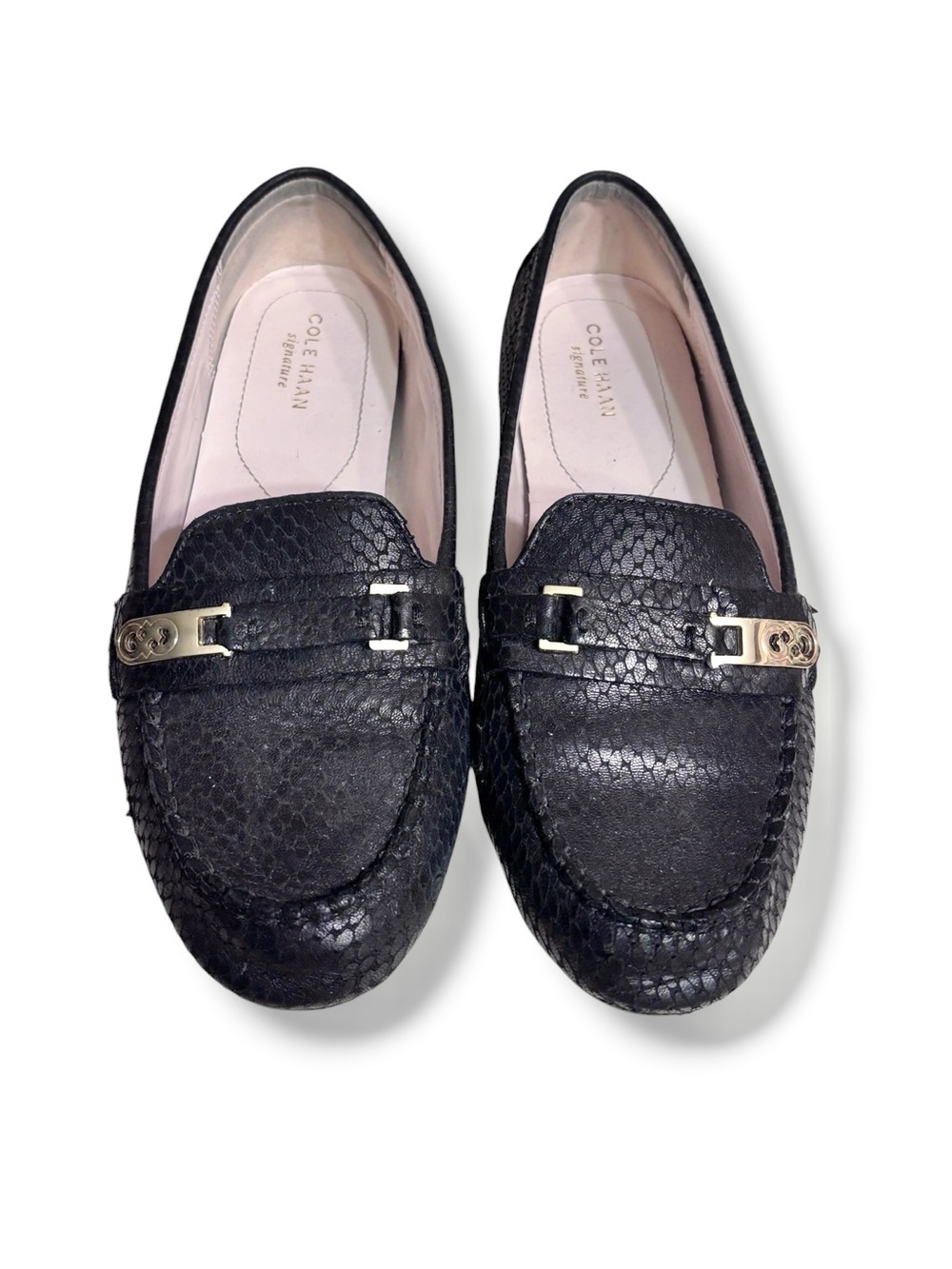 COLE HAAN Black Snakeskin Embossed Suede Driving Loafers Gold Tone Bar Detail